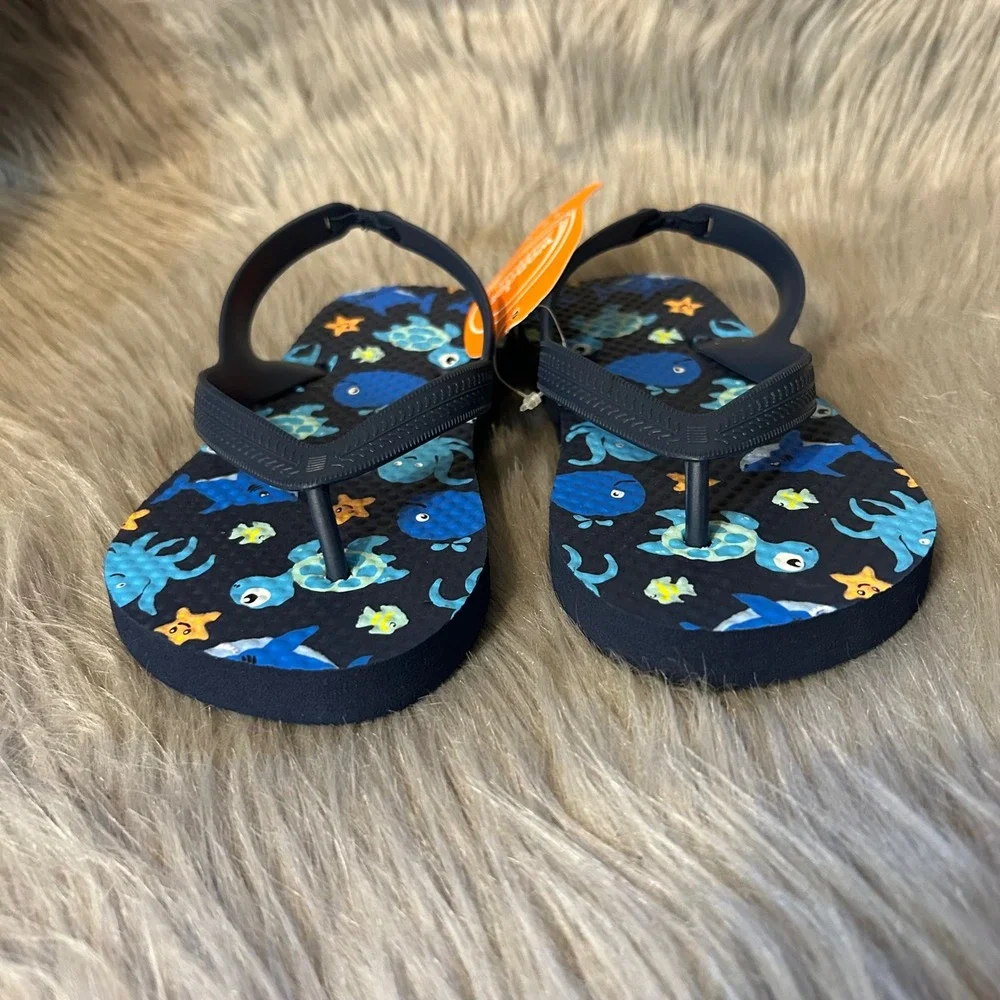 Wonder Nation Flip Flops Toddler Boy Size 11-12 Blue Ocean Animals Sandals Shoes